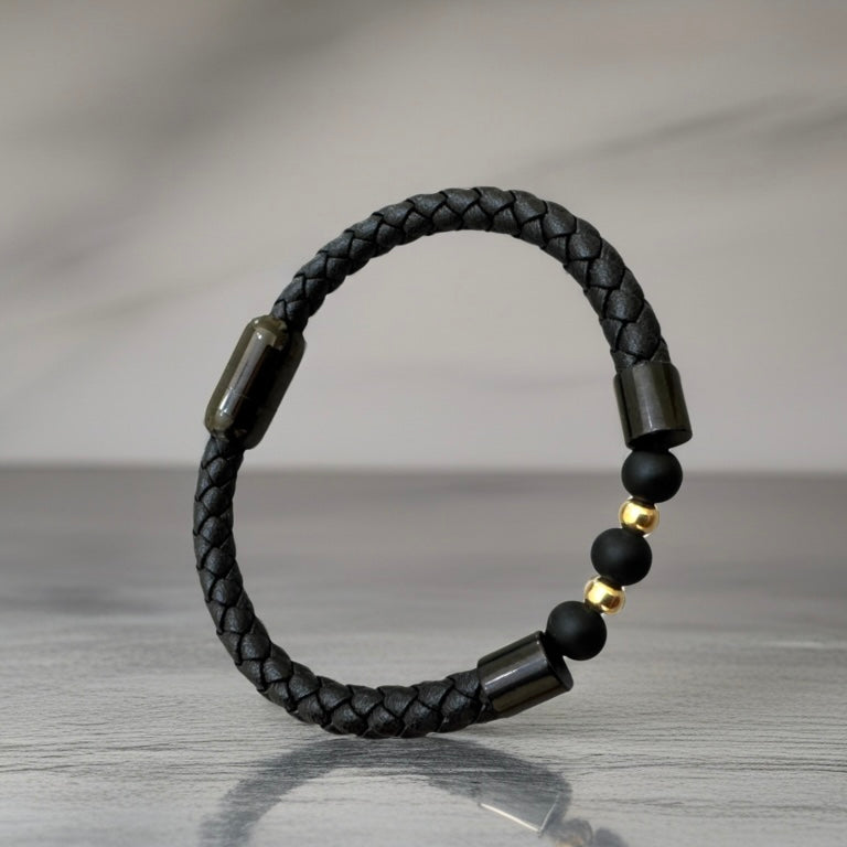 Braided Faux Leather Bracelet with Matte Beads & 18K Gold Accents