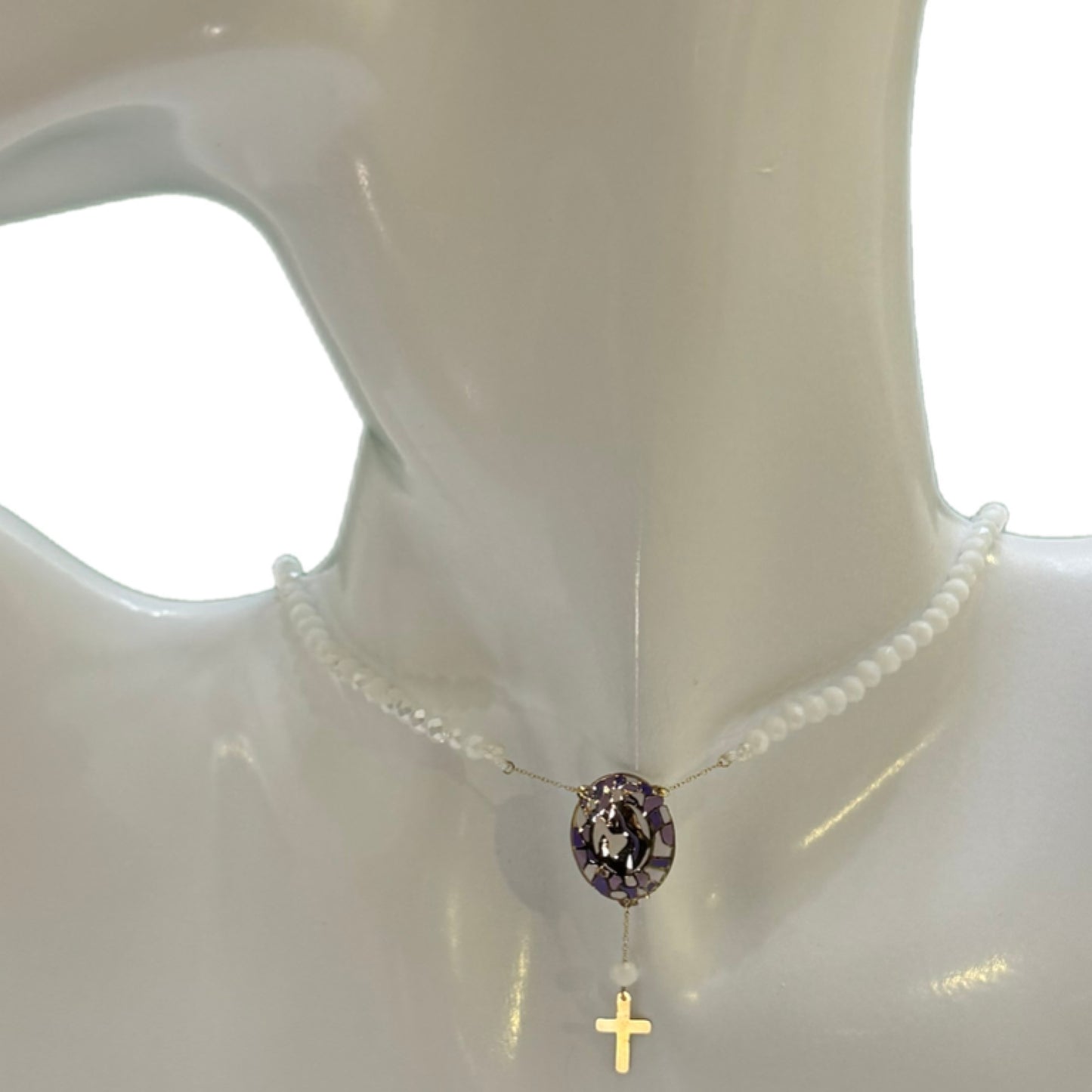 Coloured Beads Necklaces with Mosaic 18K Gold Holy Mary