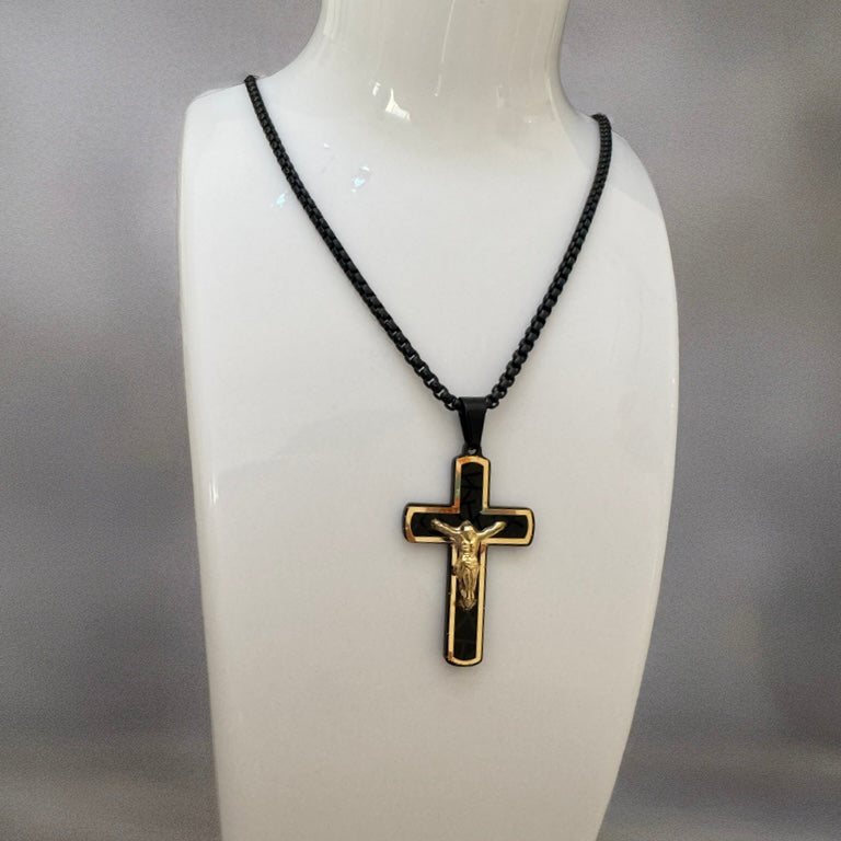 Black Stainless Chain Necklace with 18K Gold Gold Cross