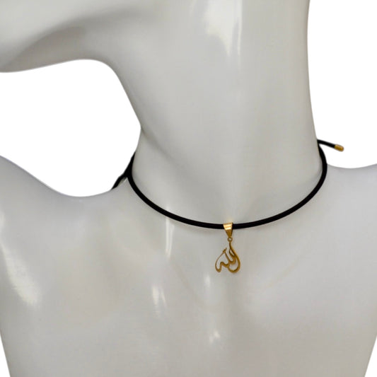 Magnetic Black Choker with 18K Gold Motif - "الله"