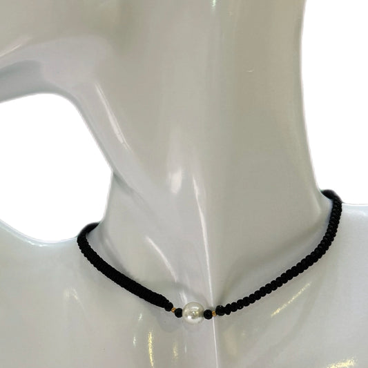 Black Shamballa Choker with White Pearl and 18K Gold