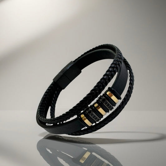 Black Faux Leather Bracelet with 18K Gold Accents