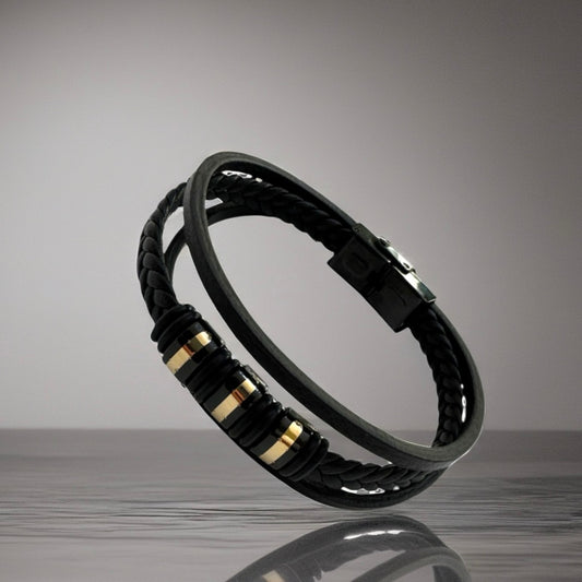 Black Faux Leather Bracelet with 18K Gold Accents