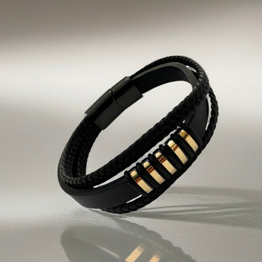 Black Faux Leather Dual-Braid Bracelet with 18K Gold Accents