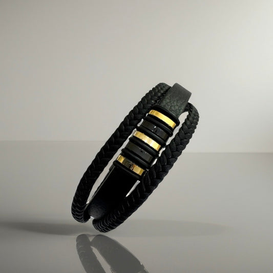 Black Faux Leather Dual-Braid Bracelet with 18K Gold Accents