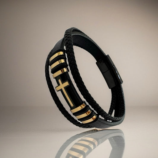 Black Faux Leather Bracelet with 18K Gold Cross