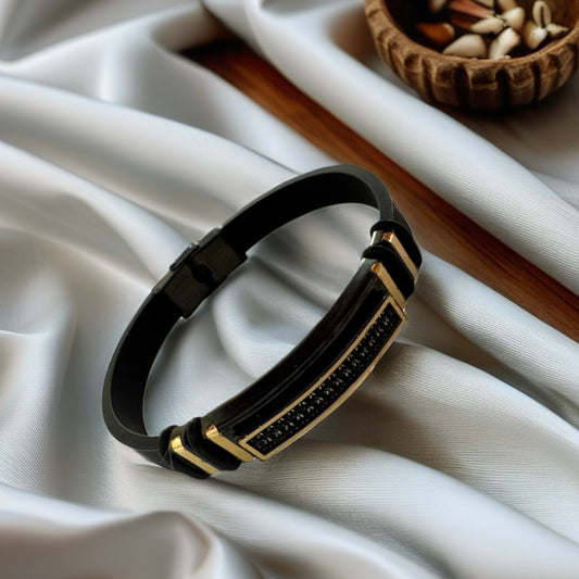 Black Rubber Bracelet with 18K Gold and Black Stone Inlay