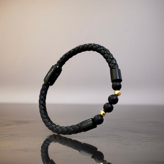 Braided Faux Leather Bracelet with Matte Beads & 18K Gold Accents