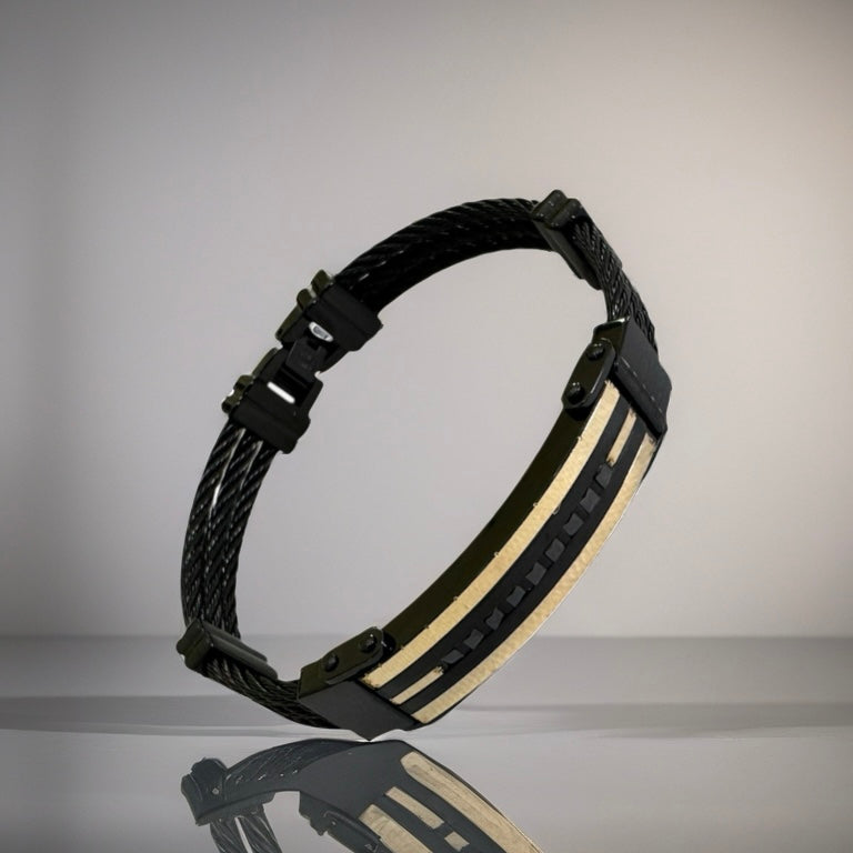 Stainless Steel Bracelet with 18K Gold bars & Black Rhinestones