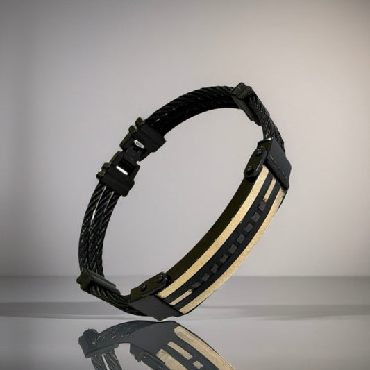 Stainless Steel Bracelet with 18K Gold bars & Black Rhinestones