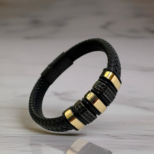 Braided Faux Leather Bracelet with Black Rhinestones & 18K Gold Accents