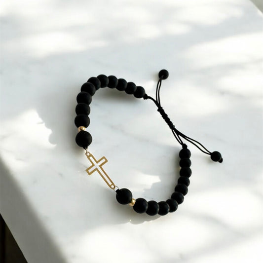 Black Beads Bracelet with 18K Gold Cross