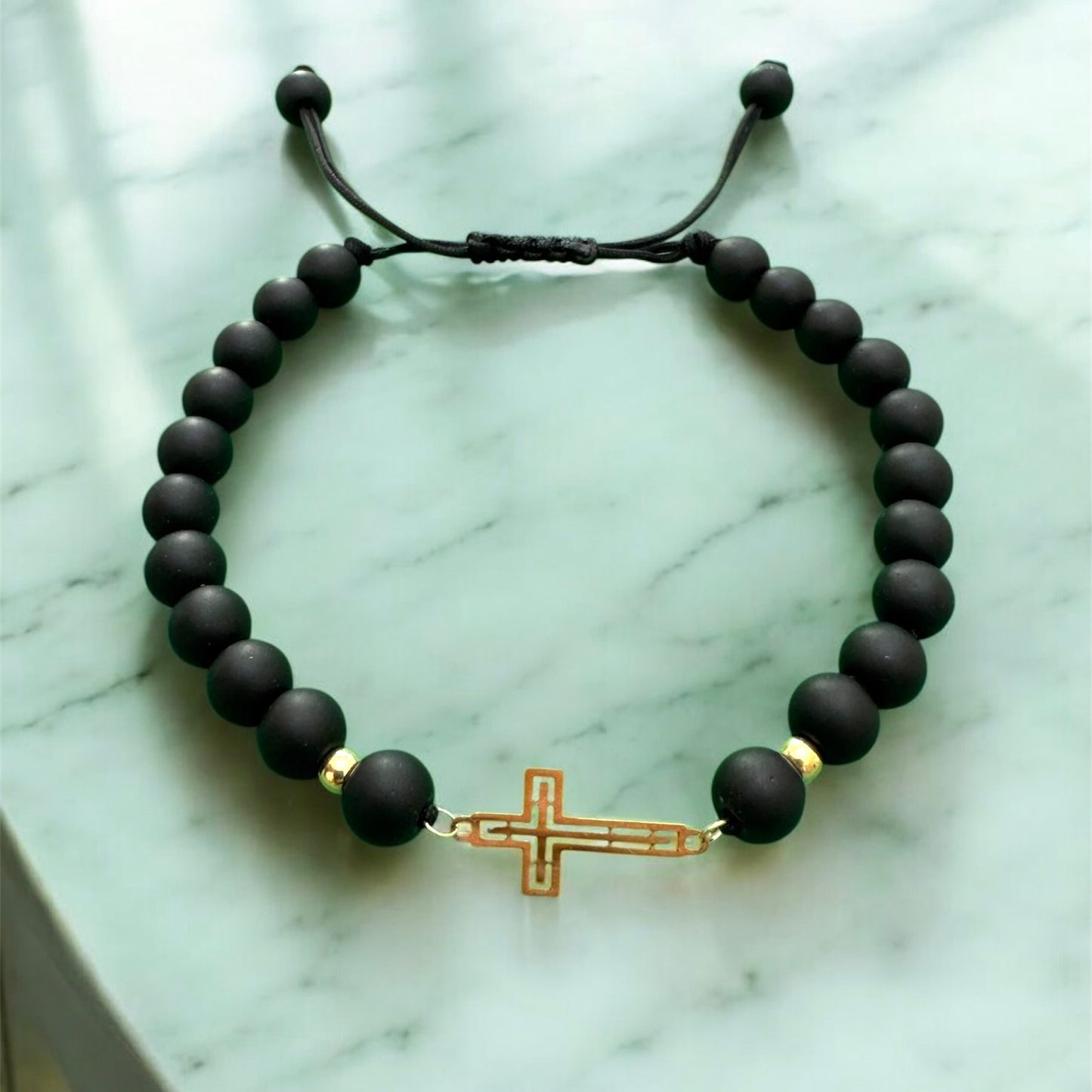 Black Beads Bracelet with 18K Gold Cross