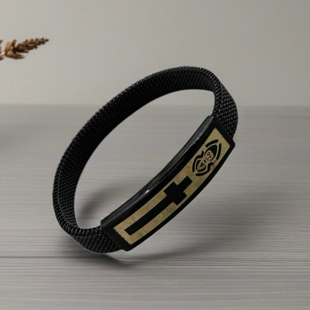 Stainless Steel Elastic Bracelet with 18k Gold St Charbel/Cross