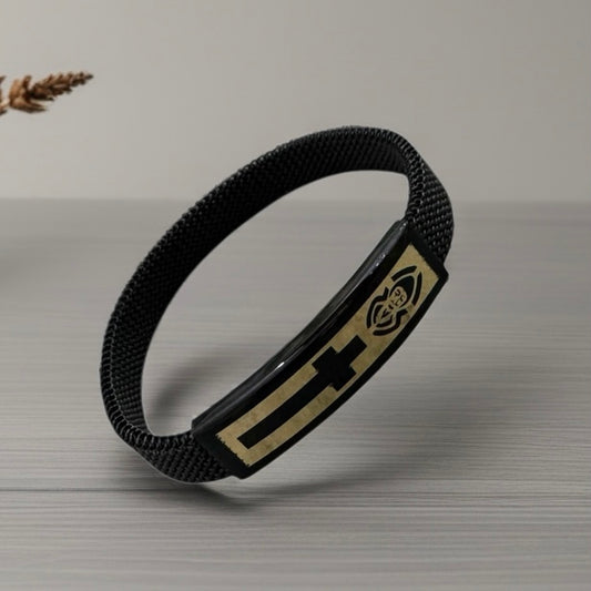 Stainless Steel Elastic Bracelet with 18k Gold St Charbel/Cross