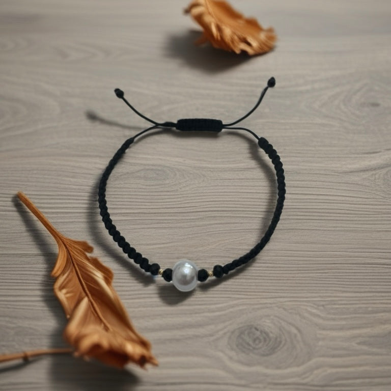 Black Shamballa Bracelet with White Pearl and 18K Gold Stones