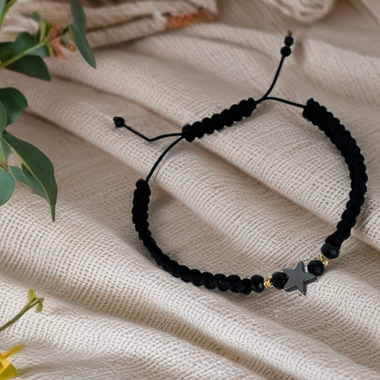Black Shamballa Bracelet with Star and 18K Gold Stones
