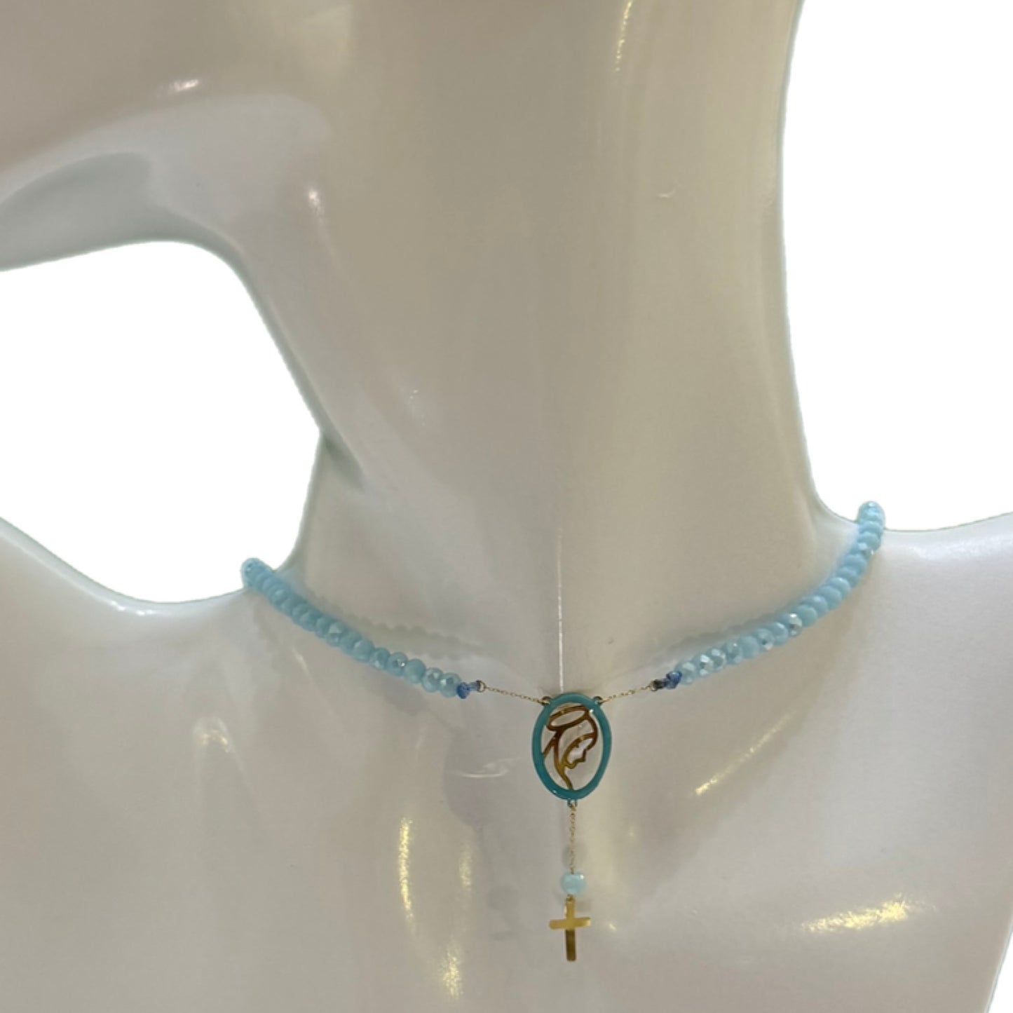 Coloured Beads Necklaces with Mosaic 18K Gold Holy Mary