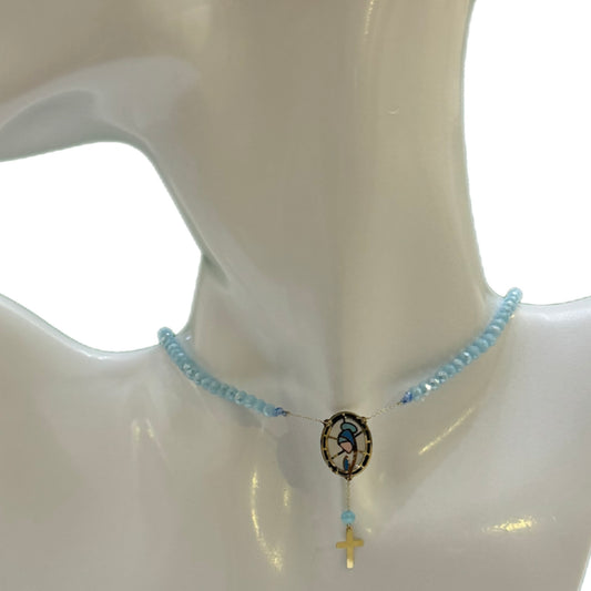 Coloured Beads Necklaces with Mosaic 18K Gold Holy Mary