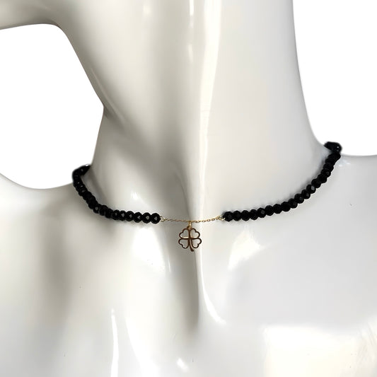 Black Onyx Choker with 18K Gold Clover