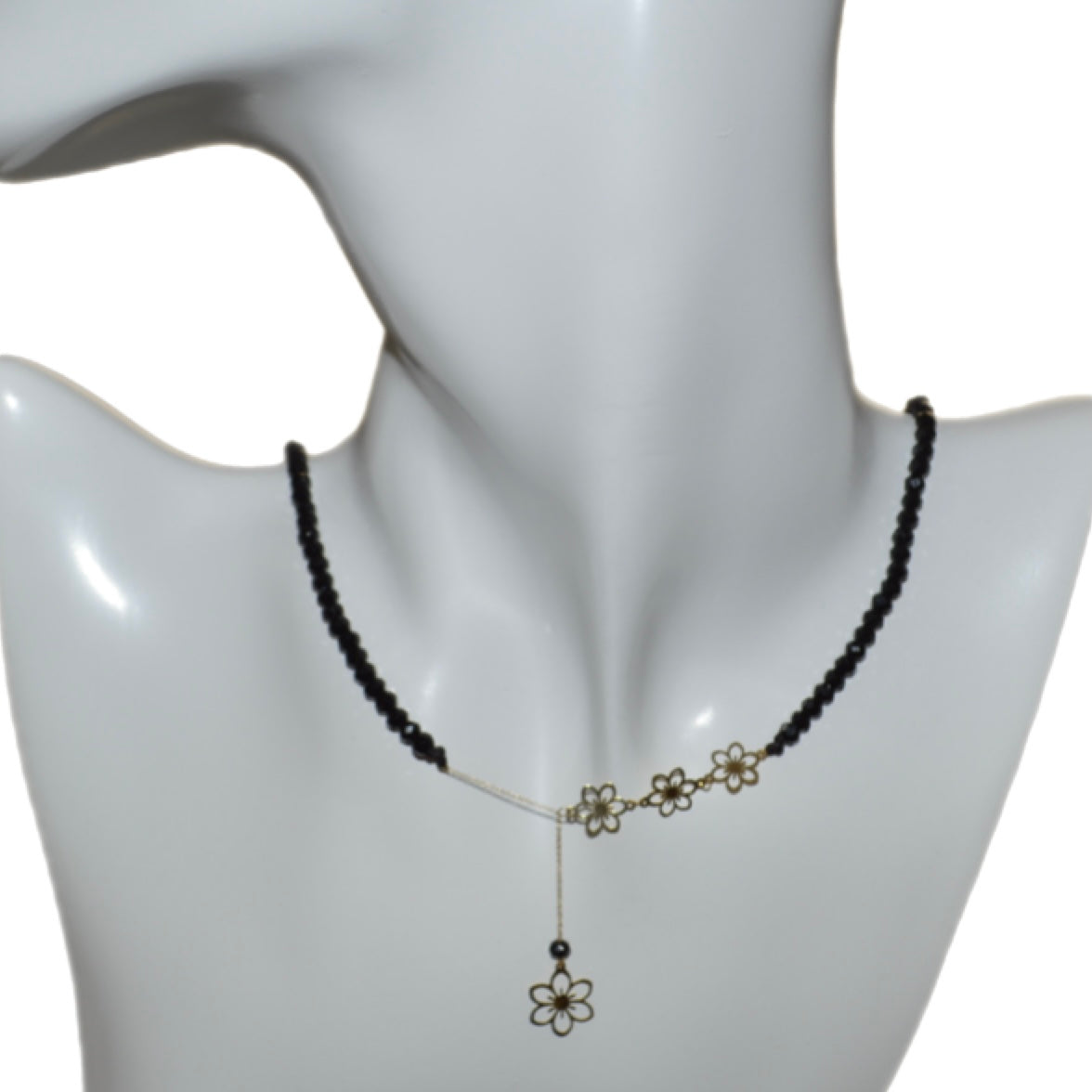 Black Onyx Choker with 18K Gold Long Motif - Flower