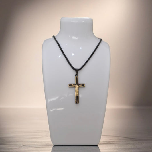Black Stainless Chain Necklace with 18K Gold Gold Cross