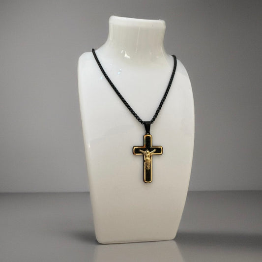 Black Stainless Chain Necklace with 18K Gold Gold Cross